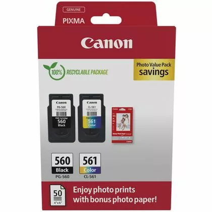 Pack 2 cartouches d'encre Canon PG-560/CL-561 Photo Value Pack (Noir + Couleurs) + 50x Papiers photo