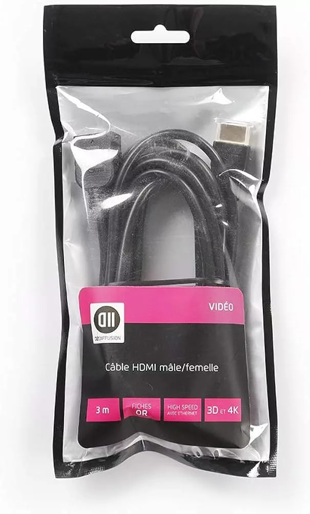 Rallonge HDMI mâle femelle Connecteurs or compatible 4K AWG 30 Longueur 3m Couleur du câble noir Marque D2 DIFFUSION