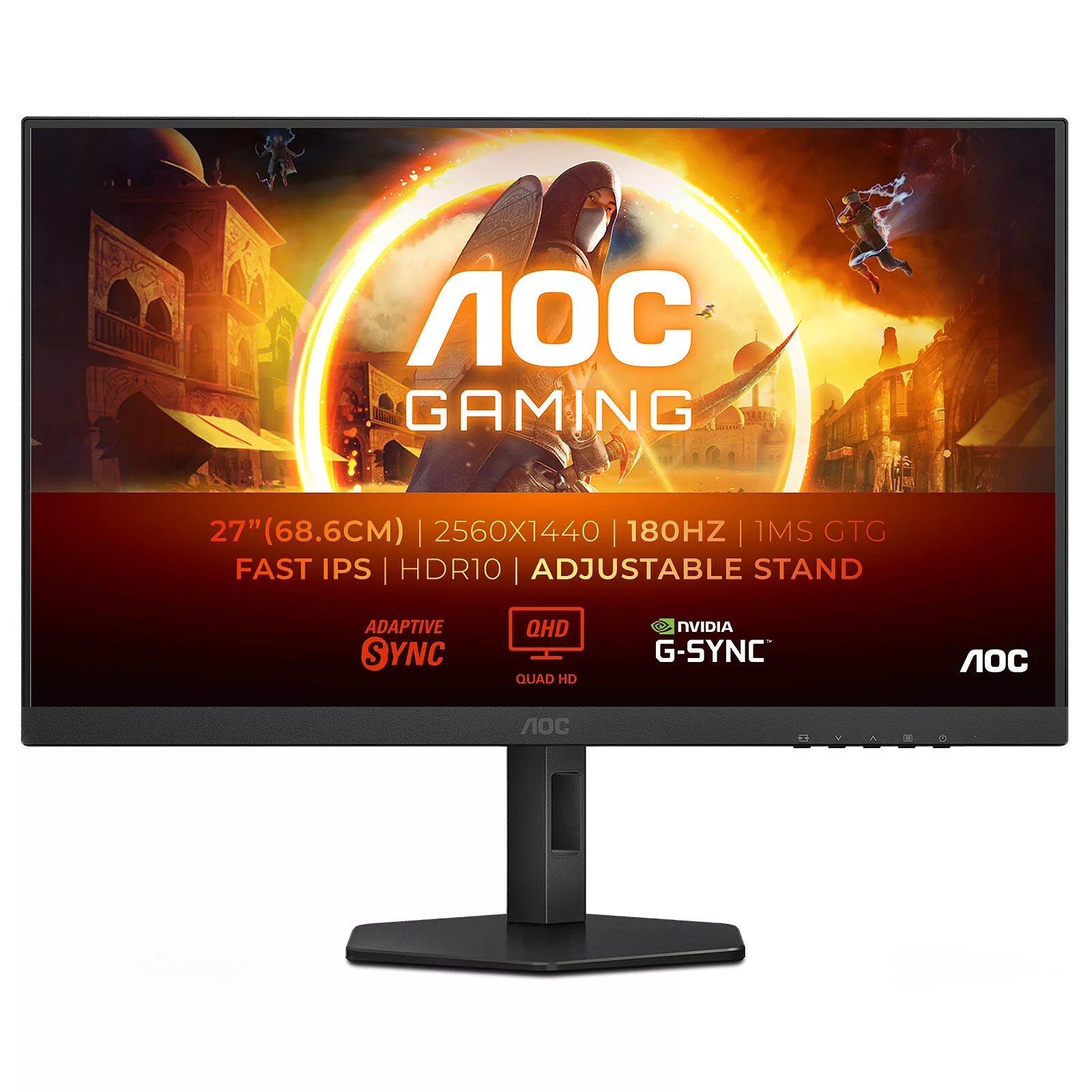 Moniteur AOC 27" WLED - Q27G4XF - PC 2.5K - 2560 x 1440 pixels - 1 ms (gris à gris) - 16/9 - Dalle Fast IPS - 180 Hz - HDR10 - Adaptive Sync - DisplayPort/HDMI - Pivot - Noir