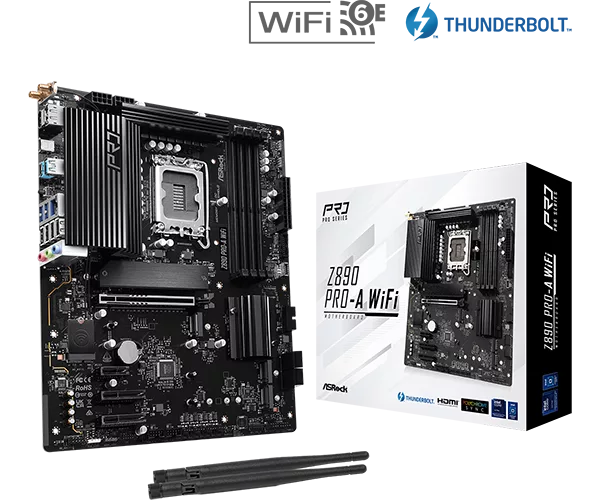 ASRock Z890 Pro-A WIFI Carte mère ATX Socket 1851 Intel Z890 Express - 4x DDR5 - M.2 PCIe 5.0 - Thunderbolt 4 - PCI-Express 5.0 16x - LAN 2.5 GbE / Wi-Fi 6E / Bluetooth 5.3